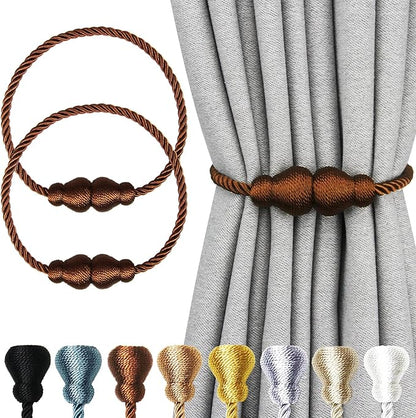 Nieffeiy Magnetic Curtain Tiebacks Outdoor Curtain Tie Backs Rope Decorative Magnetic Curtain Holders for Drapes Window Treatment Holdbacks, Brown 2Pack