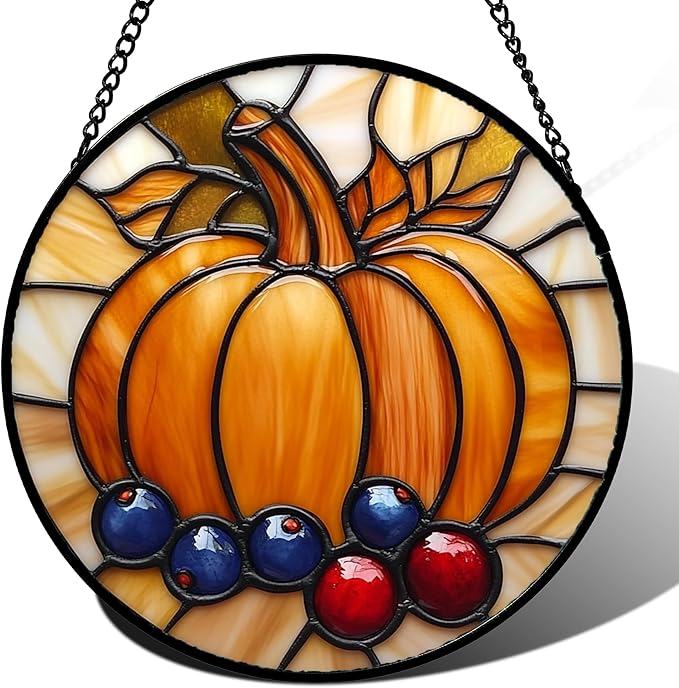 DASTOLL Stained Glass Window Hanging Fall Pumpkin Berries 7.8" - Suncatcher Door Garden Kitchen Sunroom Sun Catcher Autumn Home Decor Birthday for Mom Grandma Men Woman