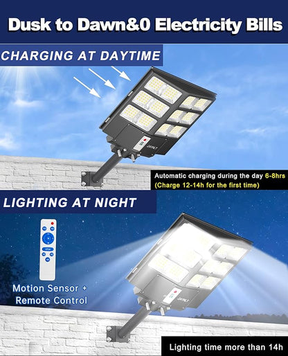 JAYNLT Y-2000W Solar Street Light, 200000LM 6500K Solar Flood Lights Outdoor Dusk to Dawn, 6500K IP67 Waterproof Parking lot Light Outdoor with Motion Sensor and Remote Control for Garage, Road