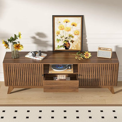 Oubayajia Mid Century Modern TV Stand for Televisions up to 70 Inches, with Sliding Doors and Storage, Curved Edge Television Stands, TV Consoles, Media Consoles for Living Room (Walnut, 70inch)
