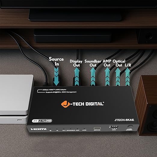 J-Tech Digital 8K HDMI Audio Extractor with eARC ARC 8K 60Hz 4K 120Hz, HDMI to Optical L/R Converter Adapter, HDCP 2.3 HDR CEC EDID [JTECH-8KAE]