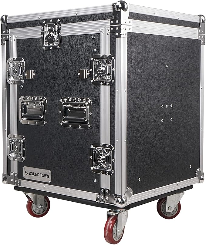 Sound Town Enhanced 1/2" (12mm) Plywood 12U PA DJ Rack/Road Case with 11U Slant Mixer Top, 20’’ Rackable Depth, DJ Work Table and Casters, 12-Space ATA Case, Pro Tour Grade (STMR-S12UWT)