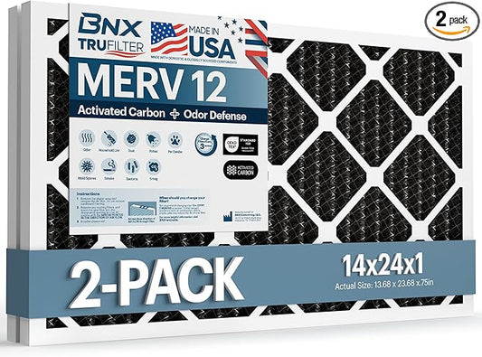 BNX TruFilter 14x24x1 MERV 12 Odor Defense (2-Pack) AC Furnace Air Filter with Activated Carbon - MADE IN USA - Pleated Air Conditioner HVAC AC Furnace Filters - Removes Odor, Mold, Bacteria, Smoke