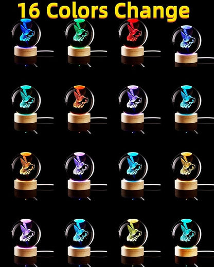 Conalisk 3D Hummingbird Crystal Ball Lamp,Lifelike 3D LED Bird Night Light,16 Colors Changing Light,Dimmable Remote Control,Desk Hummingbird lamp (Bird)