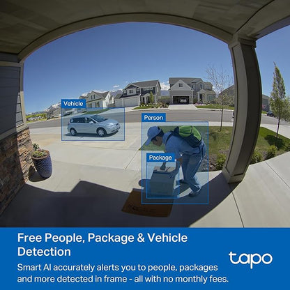 Tapo by TP-Link Smart Video Doorbell Camera with Chime, Battery or Wired, 2K QHD Color Night Vison, No Monthly Fee, 180° Ultra-Wide Head-to-Toe View, Ring Call, Free AI Detection, Local Storage (D225)