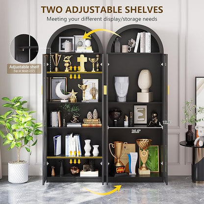 Dystler Arch Display Cabinet with Doors and Adjustable Shelves, 76" Tall Curio Cabinet with LED Lights/Storage Space, 6 Tier Display Case Bookcase for Collectibles Bedroom Living Room Office, Black
