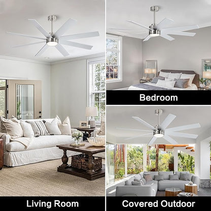 WINGBO 72" Large DC Ceiling Fans with Lights and Remote, 3 Downrods, 8 Plywood Blades, 6-Speeds Reversible DC Motor, 3CCT, Indoor Ceiling Fan for Bedroom Living Room Patio, Brushed Nickel and Silver