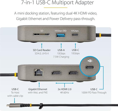 StarTech.com 7-in-1 USB C DisplayLink Dual Monitor Docking Station, 4K 60Hz HDMI Dock for MacBook M1 M2 M3 M4 & Windows, USB 10Gbps Hub, Gigabit Ethernet, SD, 100W PD, 22in (56cm) Cable