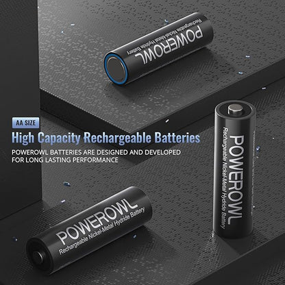 POWEROWL AA Batteries Rechargeable Kit, High Capacity 2800mAh 1200 Cycles 1.2V NiMH Double A Battery, Silver - 8 Count