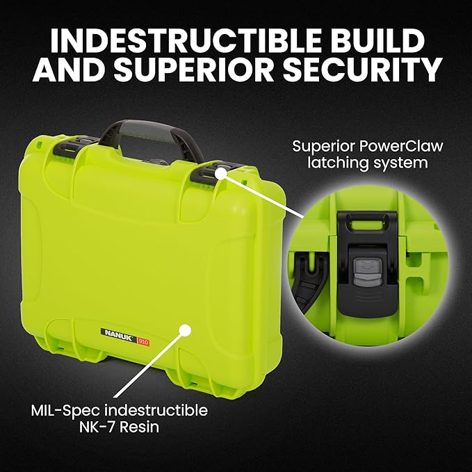 NANUK 910 Hard Case with Customizable Cubed Foam, IP67 Waterproof, Dustproof and Impact Resistant, 14.3” x 11.1” x 4.7”, Rugged Construction for Ultimate Protection, Made in Canada – Lime
