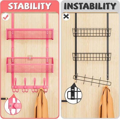 Kaiferty Over The Door Hooks Organizer, Coat Rack Over The Door Storage Hanger Towel Rack, Back of Door Storage Organizer for Bathroom,Bedroom,Kitchen,Office (Pink, 3-Tier)
