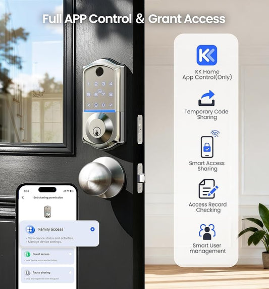Veise VE017-K Fingerprint Smart Lock with 2 Knobs, App Control, Keyless Entry Front Door Lock with Handle Set, Electronic Digital Touchscreen Keypad Deadbolt, IP55 Waterproof, Auto-Lock, Satin Nickel