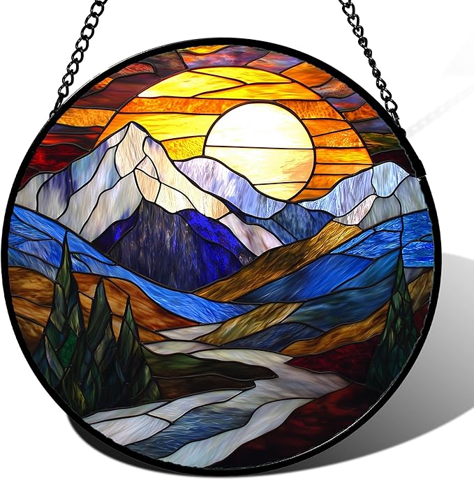 AMDERVEN Stained Glass Window Hanging, Yellow Blue Sunset Mountains Scenery Sun Catcher for Window Home Decor Landscape Suncatcher Mother's Day Birthday Gifts for Women Men Mom and Nana 15 in