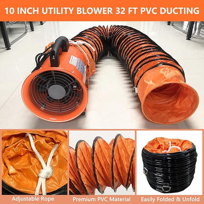 FICBXRA Utility Blower Fan 10 Inch Portable Axial Exhaust Fan 350W/2.6A 1600CFM High Velocity Ventilator with 32FT Duct Hose for Exhausting & Ventilating at Home and Job Site