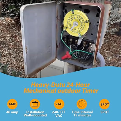 T104M Mechanical Time Switch,208-277 VAC 5HP 40A DPST Time Switch,24 Hour 12 ON/Off,Mechanism Only,Heavy Duty Electromechanical Outdoor/Indoor Timer for Pool Pump and Water Heater Lighting