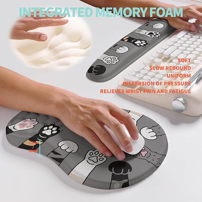 KUOSGM 2-in-1 Ergonomic Set, Wave Rise Keyboard Wrist Rest and Massage Bulge Slope Mouse Pad Wrist Support, Cushion Memory Foam Integrated to Relieve Wrist Pain, Cute Cat Paws