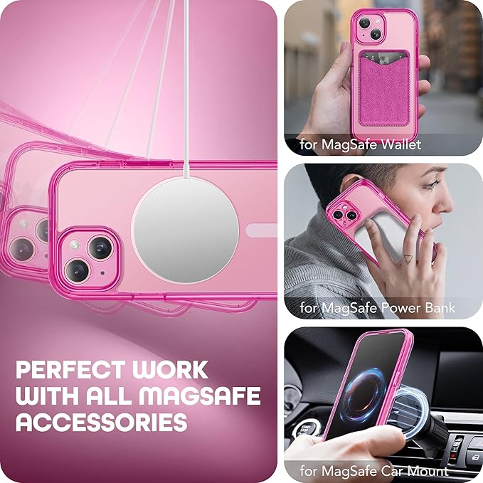Magnetic for iPhone 15 Case, Compatible with MagSafe, Built-in Privacy Screen Protector and Camera Protection, Anti Spy Full Body Dustproof Shockproof Hard Phone Case 6.1", Fluorescent Pink