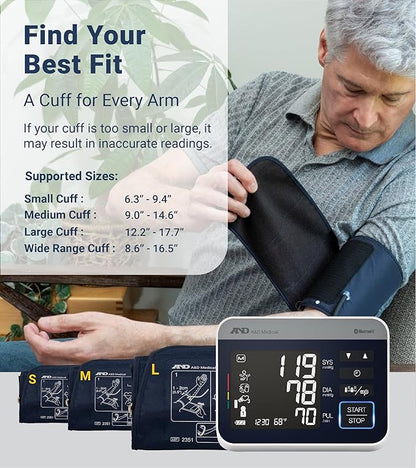 A&D Medical Precision Check Pro Blood Pressure Monitor for Home Use with Bluetooth UA-910BLE - Wide Range Cuff (8.6-16.5" / 22-42cm), 4 Users, iOS & Android Compatible, AC Adapter & Carrying Case