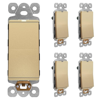 LIDER Minimalist Design Matte Finish Lighted Decorator Switch, Frameless Paddle Light Switch with Locator Light, Grounding Screw, 15A 125V, UL Listed, LS15-1P-GD5P, Gold, 5 Pack