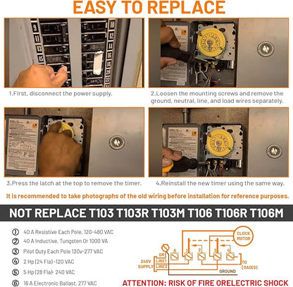 T104M Mechanical Timer Switch Mechanism Only, Heavy-Duty Timer Switch for Pool Pumps, 120V 40A DPST, 24-Hour 12 ON/Off Cycles - for Lights, Water Heaters, Fans, HVAC Systems