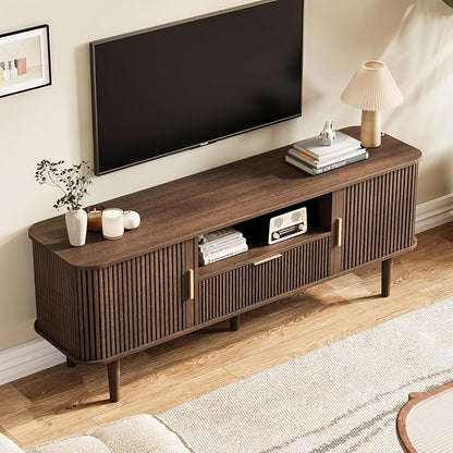 DAMCROP Fluted TV Stand, 55 Inch Mid Century Modern Media Console Table with Sliding Tambour Door Farmhouse Sideboard Buffet Cabinet Fits TVs up to 75 inch, Wood Entertainment Center for Living Room