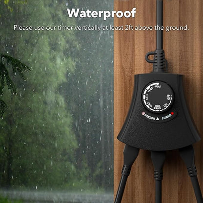 HBN Outdoor Light Timer Waterproof, Weatherproof Photocell Dusk to Dawn Light Sensor, 2/4/6/8 Countdown Timer, 3 Grounded Outlet for Christmas Lights，Hallowen Deceration，1875W 15A 1/2HP