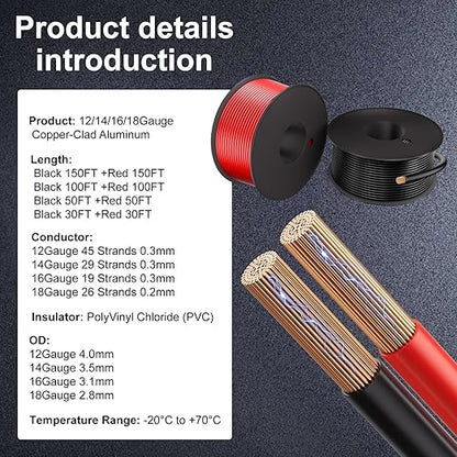 18 Gauge Electrical Wire 2 Pack Total 60ft-Black 30 ft and Red 30 ft Soft Flexible Copper-Clad Aluminum(CCA) 18 AWG PVC Wire for Lamp, Household Appliances RC Toys, Models, Auto, Electronics