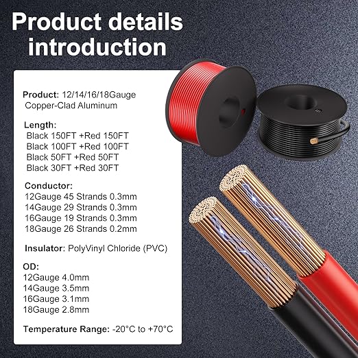 14 Gauge Electrical Wire 2 Pack Total 200ft-Black 100 ft and Red 100 ft Soft Flexible Copper-Clad Aluminum(CCA) 14 AWG PVC Wire for Lamp, Household Appliances RC Toys, Models, Auto, Electronics
