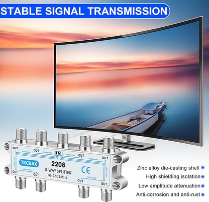 TKCHAX 8 Way Coaxial Cable Splitter,Support 10-2602MHz, RG6 Compatible, Nickel-Plated for Cable Splitter,Work with CATV, Satellite TV,Antenna System and MoCA Configurations