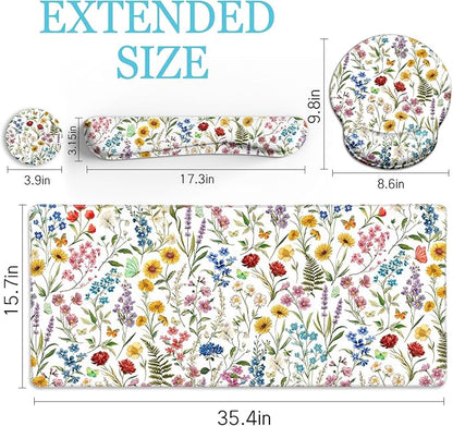 LIMKRIAN Floral Mouse Pad Set Large Desk Mat for Desktop, Ergonomic Mouse Pad with Gel Wrist Rest for Gaming, Computer Keyboard Mat Wrist Support Cup Coaster Set, Women Office Desk Accessories Decor