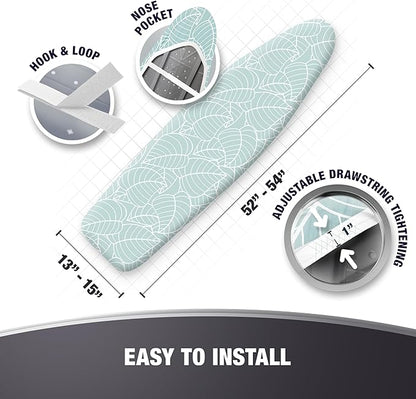 Extra Thick Ironing Board Covers with Pad Standard Size 15x54, Snug Fit Adjustable Drawstring Tightening with Stopper, Heat Reflective Coating, Nose Pocket and Fastener Straps, Green Floral