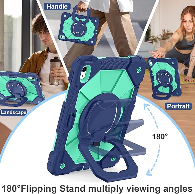 Case for iPad (A16) 11th Generation 11 Inch (2025), iPad 10th Generation Case 10.9 Inch (2022), Shockproof Cover with 360° Rotating Stand Screen Protector Pen Holder Shoulder Strap, Navy Mint