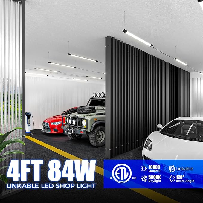 Barrina BS84 LED Shop Light for Garage, 10000LM, 84W, 4FT, 5000K Linkable Light Fixture for Workshop, Basement, Hanging or Flush Mount, Heat Dissipation with Pull Chain Switch, ETL,1 Pack