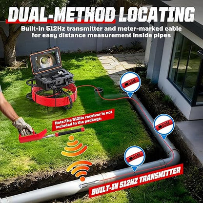 HBUDS Sewer Camera with 512Hz Sonde, Self Leveling 165ft Drain Camera with Meter Counter, 7mm Cable, 9" HD Screen 1080P Plumbing Cameras Snake with Light, 5100mAh Battery Pipe Inspection DVR 32GB