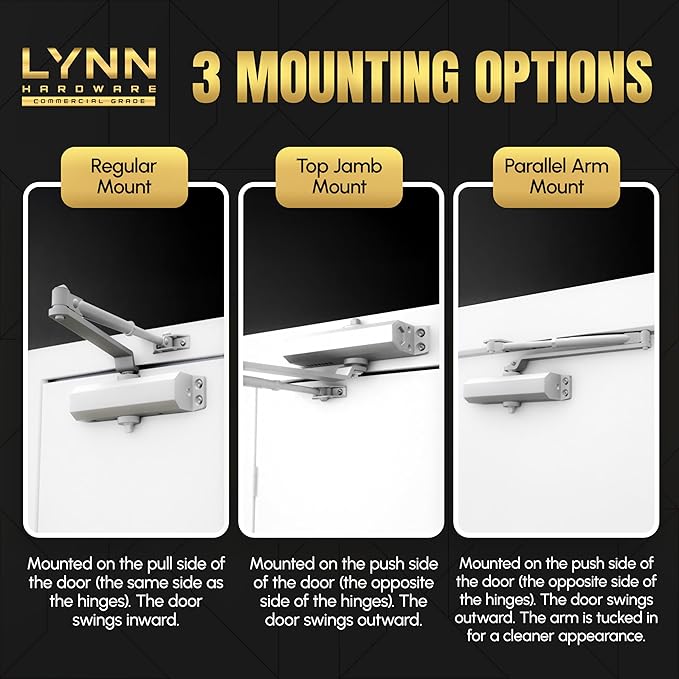 LYNN HARDWARE Extra Heavy Duty Automatic Door Closer (Brass/Gold) - Commercial Grade, Contractors Choice, Adjustable Speed, Delayed Closing Timer, 3 Mounting Options, 3 Hour Fire Rated (DC9016 Model)