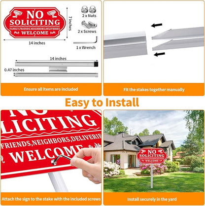 No Soliciting Sign for House, No Soliciting Signs for Front Door with Long Stake, Heavy Duty Aluminum Yard Signs UV Protected Weather Resistant and Easy Install for Lawns Garden (14x7 inches Red)