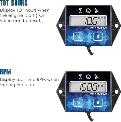 Runleader Small Engine Hour Meter, Digital Tachometer, Maintenance Reminder, Battery Replaceable, User Shutdown, Use for ZTR Lawn Mower Tractor Generator Marine Outboard ATV (HM011F)