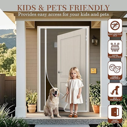 Yotache White Reversible Left Right Side Opening Magnetic Screen Door Fits Door Size 36 x 78, Top Middle Anti-Tearing Net Curtain, Actual Screen Size 38" x 79"