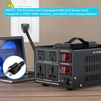 1500W Voltage Converter Transformer(110V to 220V or 220V to 110V) Step Up/Down Converter 110/120 Volt - 220/240 Volt w/US Power Cord,Circuit Breaker Protection, LCD Screen Display, Manual Setting