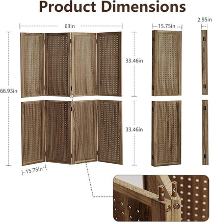 Leesinwing 4 Panel Wooden Room Dividers, 5.6FT High Plug-in Folding Screen Made of Natural Wood, Pegboard Display for Bedroom and Shopping Malls and Jewelry Stores, Dark Brown