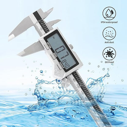 6" / 150 mm Stainless Steel Digital Caliper (IP54) & Stainless Steel Rule Set, Inch/Millimeter/Fraction Conversion, Splash-Proof Protection with Large LCD Display – Precision Measuring Tools