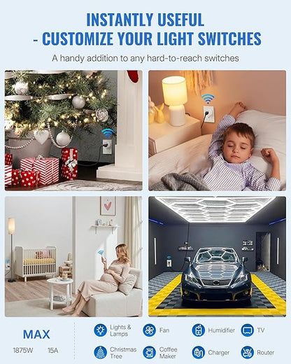 WILAWELS Remote Control Outlet Wireless Wall Mounted Light Switch, Wireless On Off Remote Outlet Switch with Magnetic Base, 100ft RF Range, 15A/1875W, Two Switches for One 0utlet W09RC2106