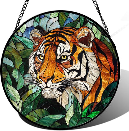 AMDERVEN Stained Glass Window Hanging, Fierce Tiger Sun Catcher for Door Home Decor Wild Animals Suncatcher Christmas Mother's Day Birthday Gifts for Women Men Mom and Nana 9.8 in