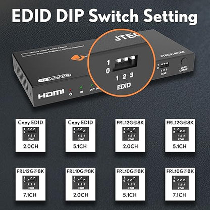 J-Tech Digital 8K HDMI Audio Extractor with eARC ARC 8K 60Hz 4K 120Hz, HDMI to Optical L/R Converter Adapter, HDCP 2.3 HDR CEC EDID [JTECH-8KAE]