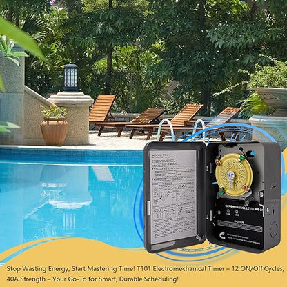 careNEW T101 Mechanical Timer Switch - 120V 2HP 40A SPST Electromechanical Timers, 12 ON/Off 24 Hour Timer with Tripper for Lights, Pool Pumps, Water Heater Fans & HVAC Systems