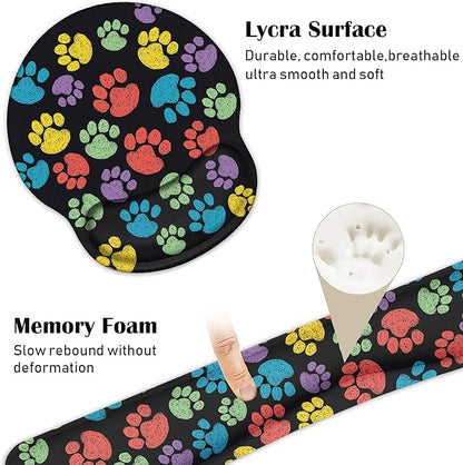 Keyboard Wrist Rest and Mouse Pad Wrist Support Set with Coasters, Non-Slip PU Base Ergonomic Gaming Mousepad for Home Office Working Studying Easy Typing & Pain Relief, Colorful Dog Paw Print