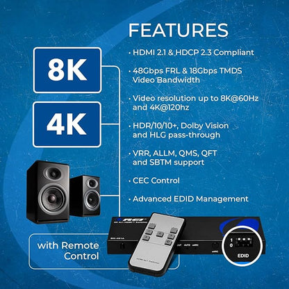 OREI 8K eARC HDMI 2.1 Switch 4x1, Switcher with Audio Extractor UltraHD Supports Upto 4K @ 120Hz PS5, Xbox, Gaming, Remote Contorl IR EDID HDCP 2.3 - Optical Out, L/R Headphones (BK-401ARC)