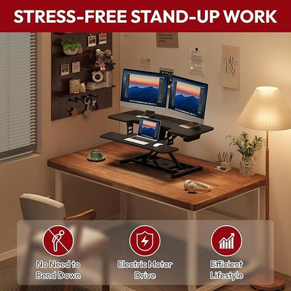 SANODESK 42" Electric Standing Desk Converter, Height Adjustable Riser for Office Home,Dual Monitor and Laptop Workstation with Large Keyboard Tray, Black Color