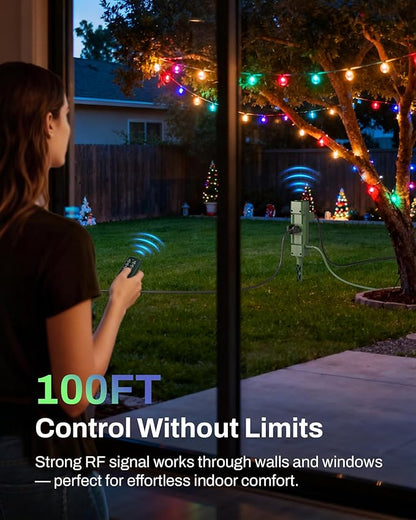 BN-LINK Outdoor Power Stake Timer, 100FT Wireless Remote Control, Dusk to Dawn Sensor for Outdoor Lights, 6 Grounded Outlets, 6ft Extension Cord, 1875W/15A,Christmas Decorations, ETL Listed