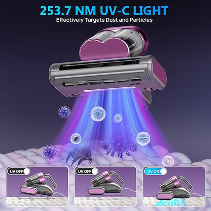 Beroya Mattress Vacuum Cleaner UVC 253.7nm Light with 16Kpa Strong Suction, 145°F Heat, Ultrasonic, HEPA Filter, Versatile Bed, Pillow and Couch Vacuum Cleaner (16.4ft Corded, 500W)
